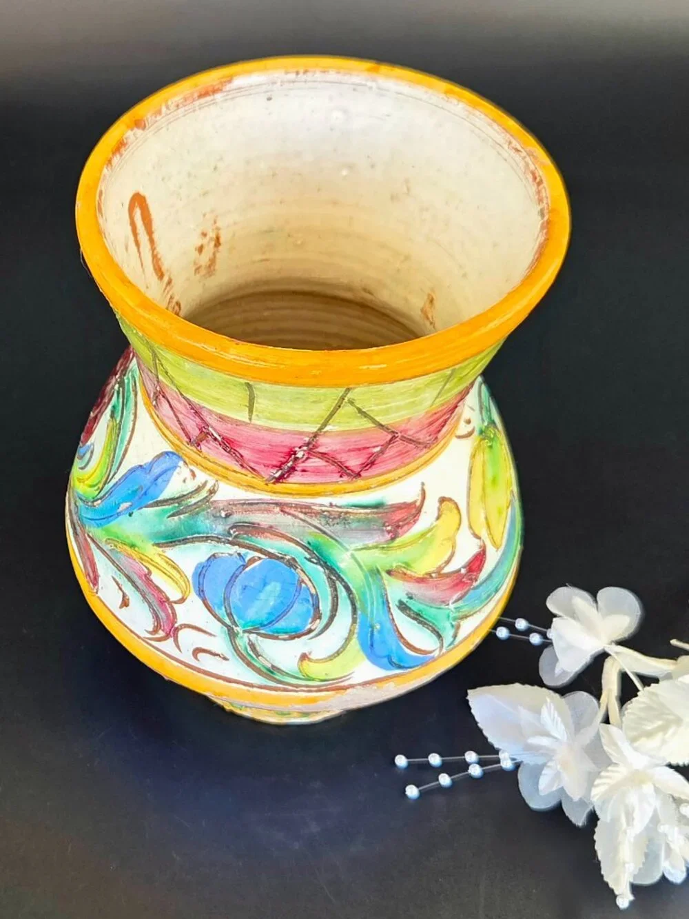 Vintage Italian Majolica Pottery Vase – Hand Painted – Signed – Colorful